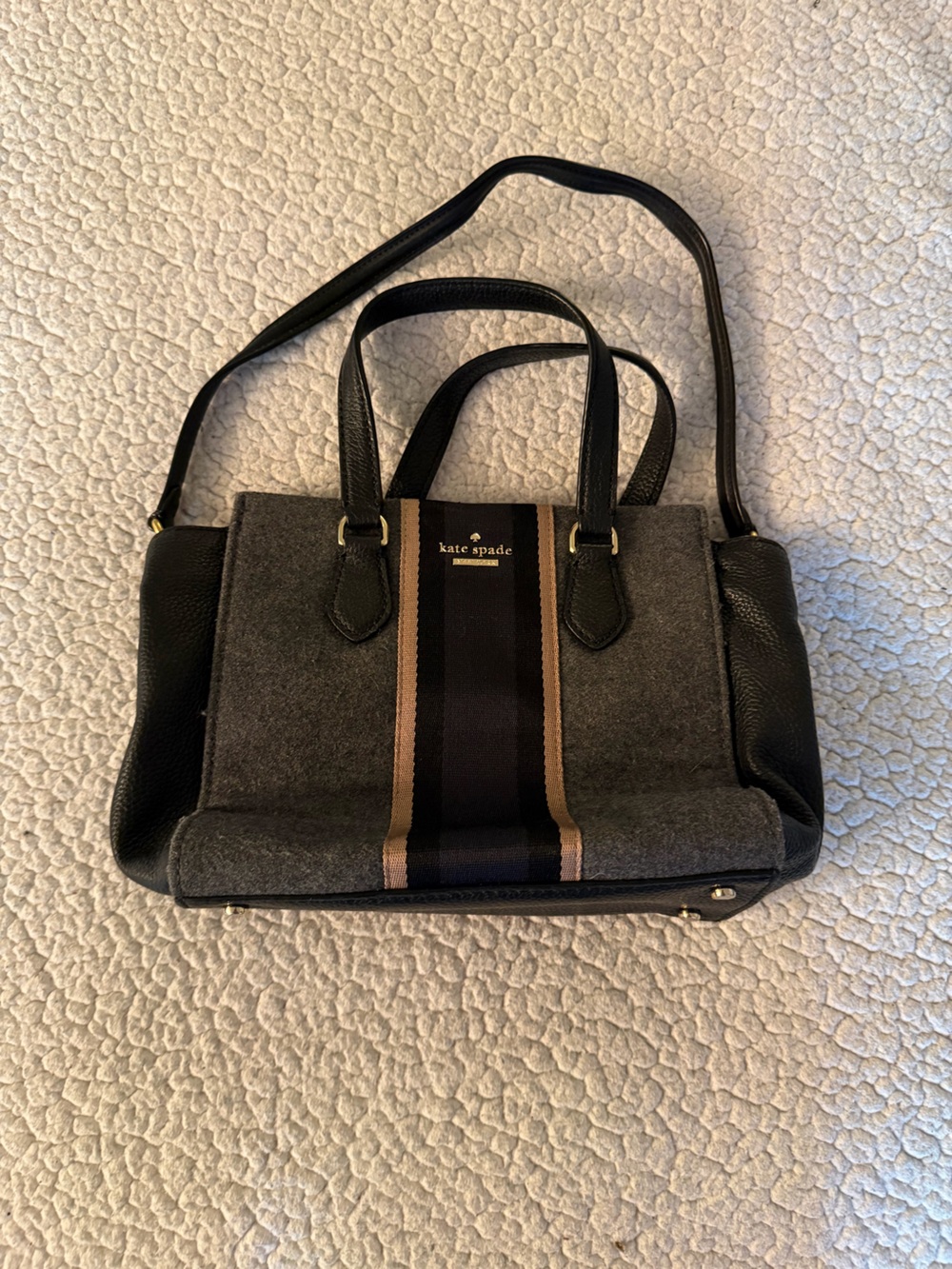 kate spade wool and leather Gray and Black Handbag with Center Stripe